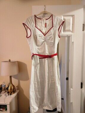 Pinup Couture White Polka Dot Dress with Red Trim